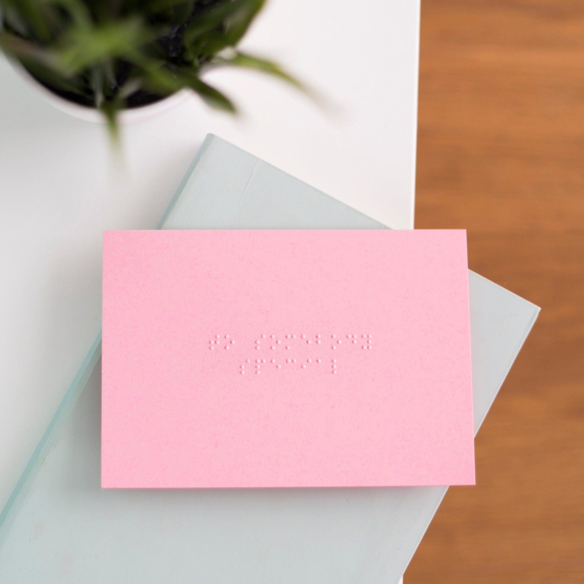 A pink greetings card that reads to somebody special in lower case braille. There is a blurry plant in the top left corner.