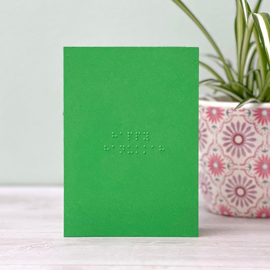 A vibrant green greetings card with happy hanukkah written in grade 1 braille. There is a plant to the right of the photo.